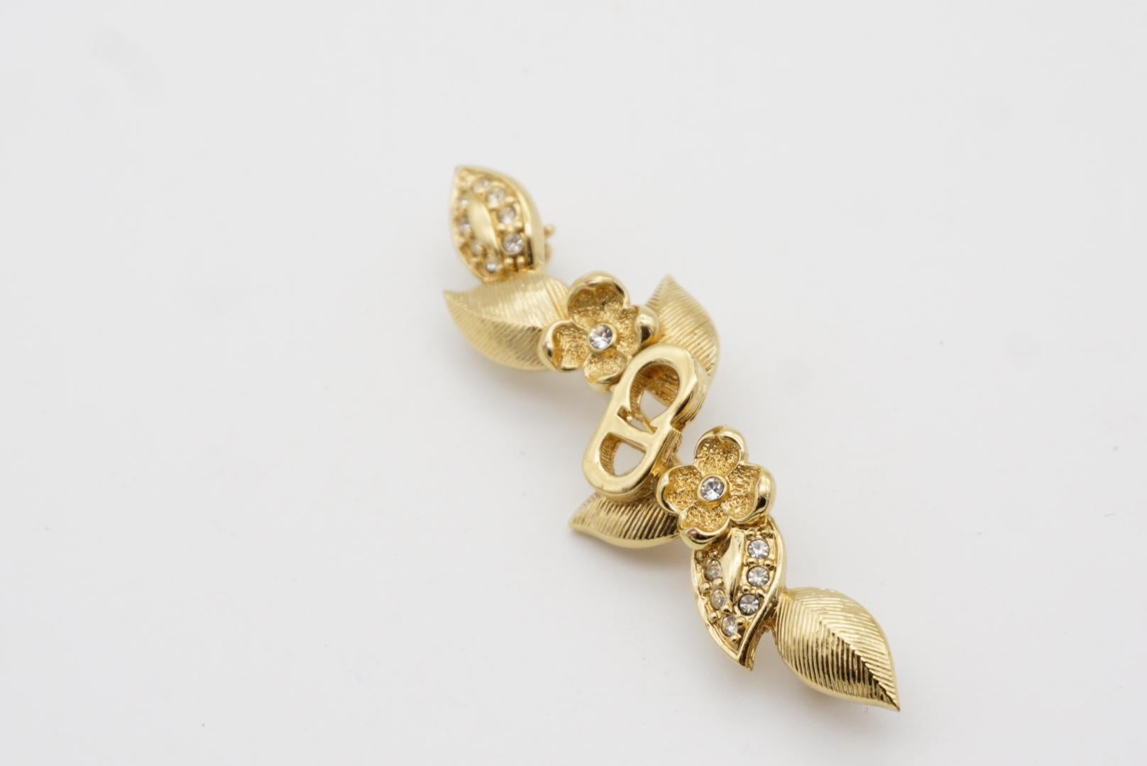 Christian Dior Vintage 1980 Logo CD Long Bar Flower Leaf Crystals Gold Brooch 4