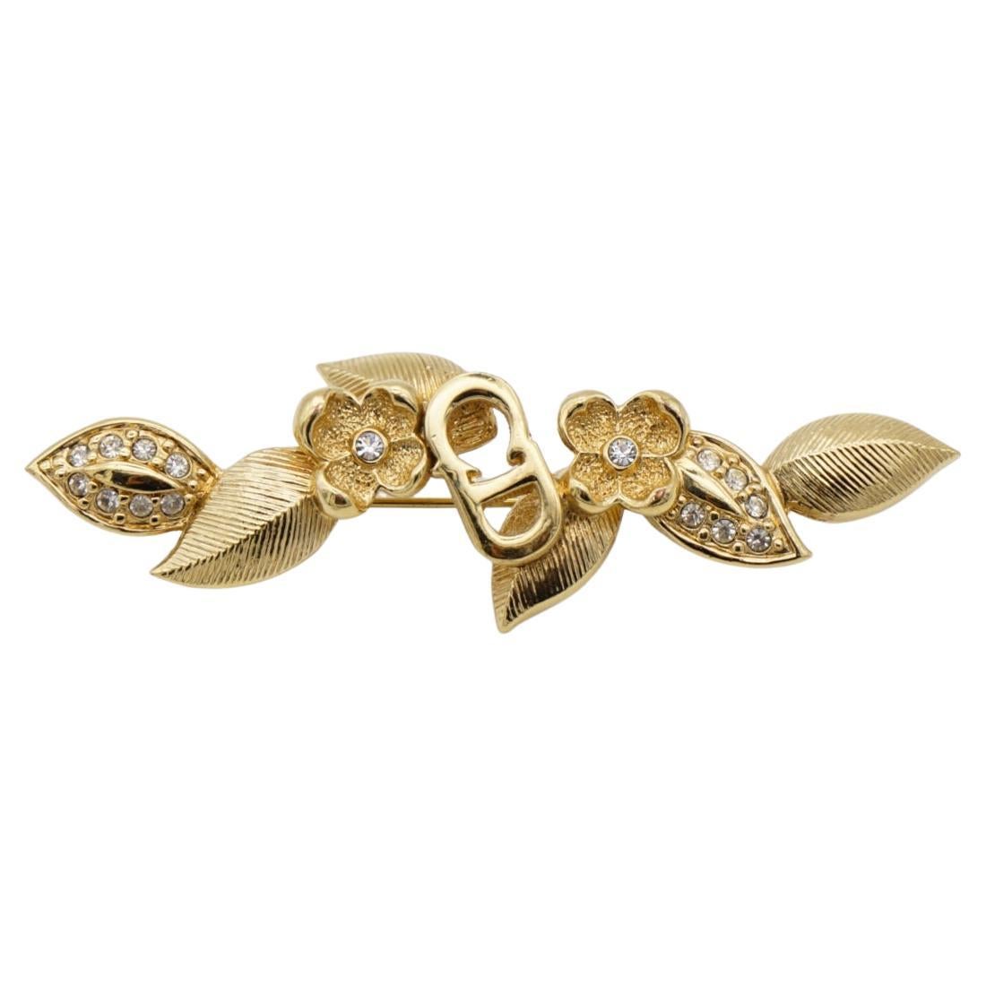 Christian Dior Vintage 1980s Logo CD Long Bar Flower Leaf Crystals Gold Brooch For Sale