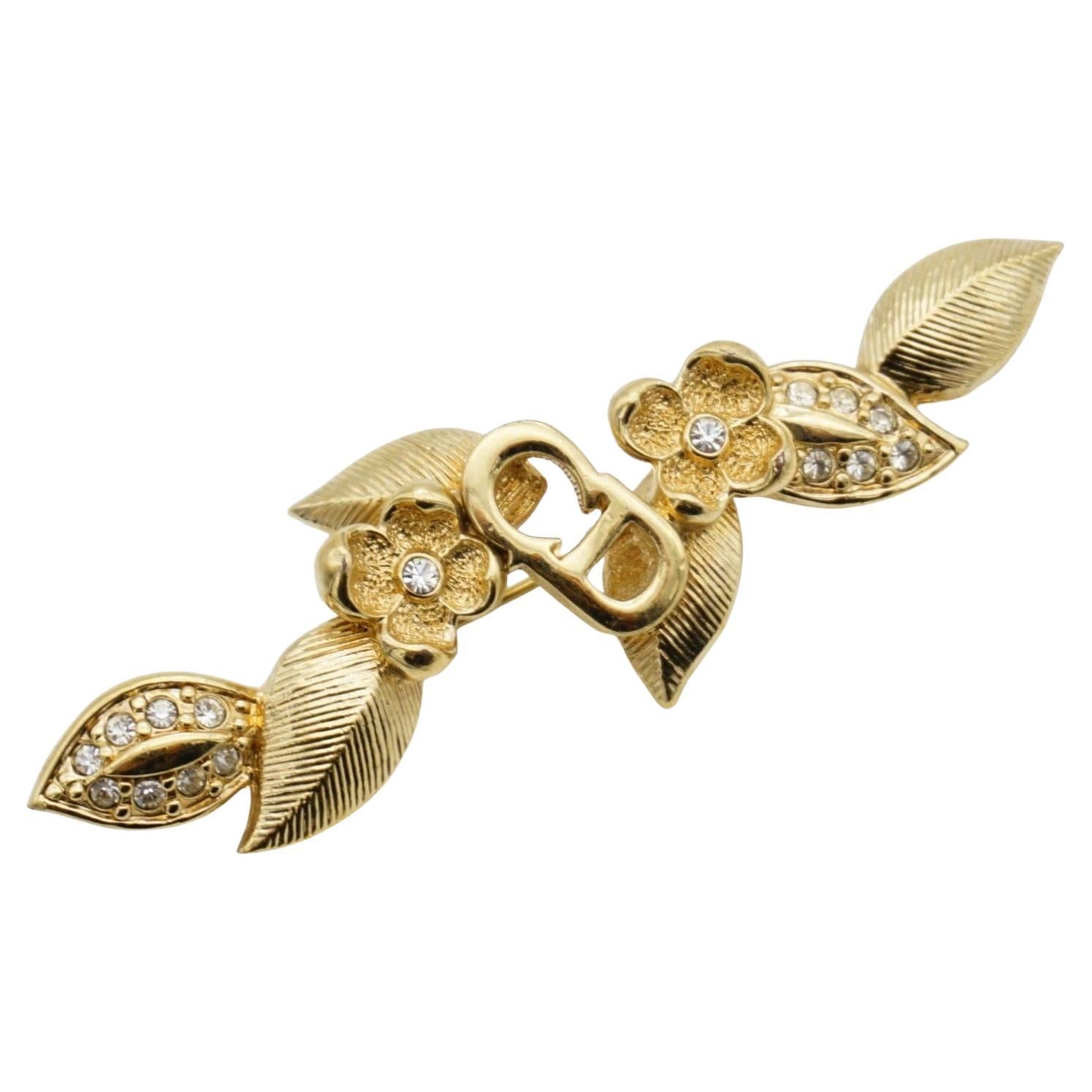Christian Dior Vintage 1980 Logo CD Long Bar Flower Leaf Crystals Gold Brooch