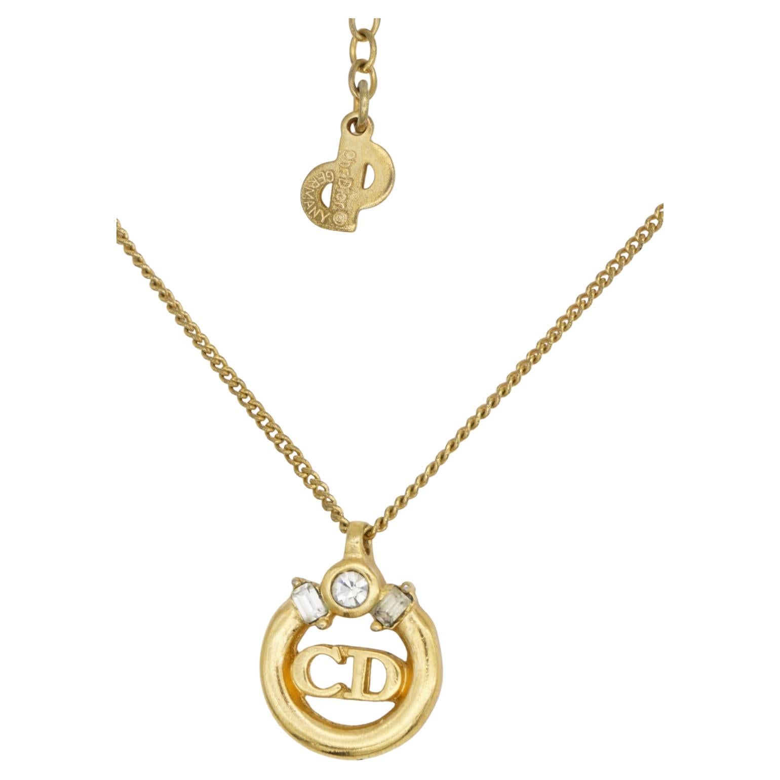 Christian Dior Vintage 1980s Logo Circle Rectangle CD Crystals Openwork Necklace For Sale