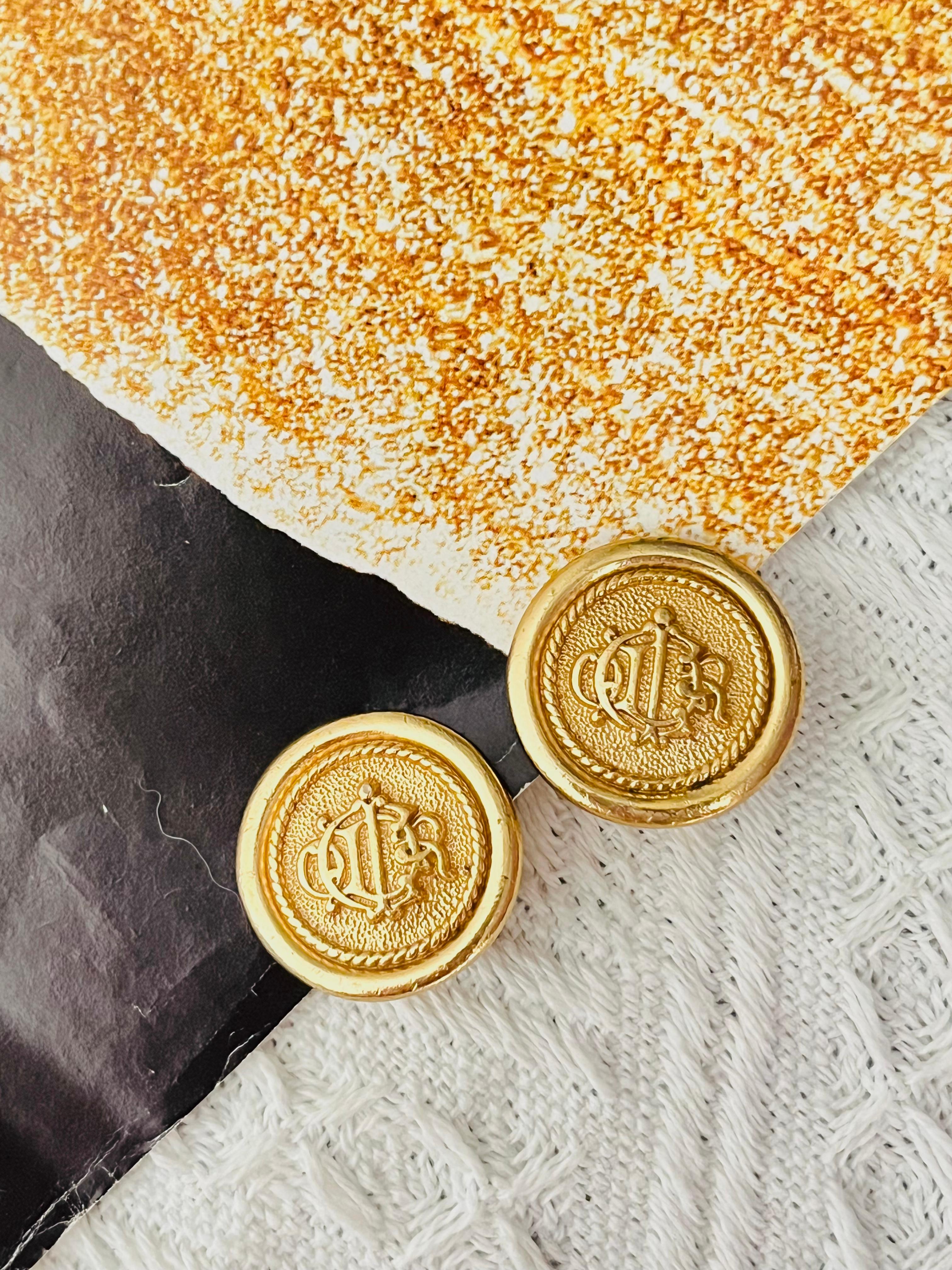 Christian Dior Vintage 1980s Logo Insignia Initial Monogram Medallion Earrings In Good Condition For Sale In Wokingham, England