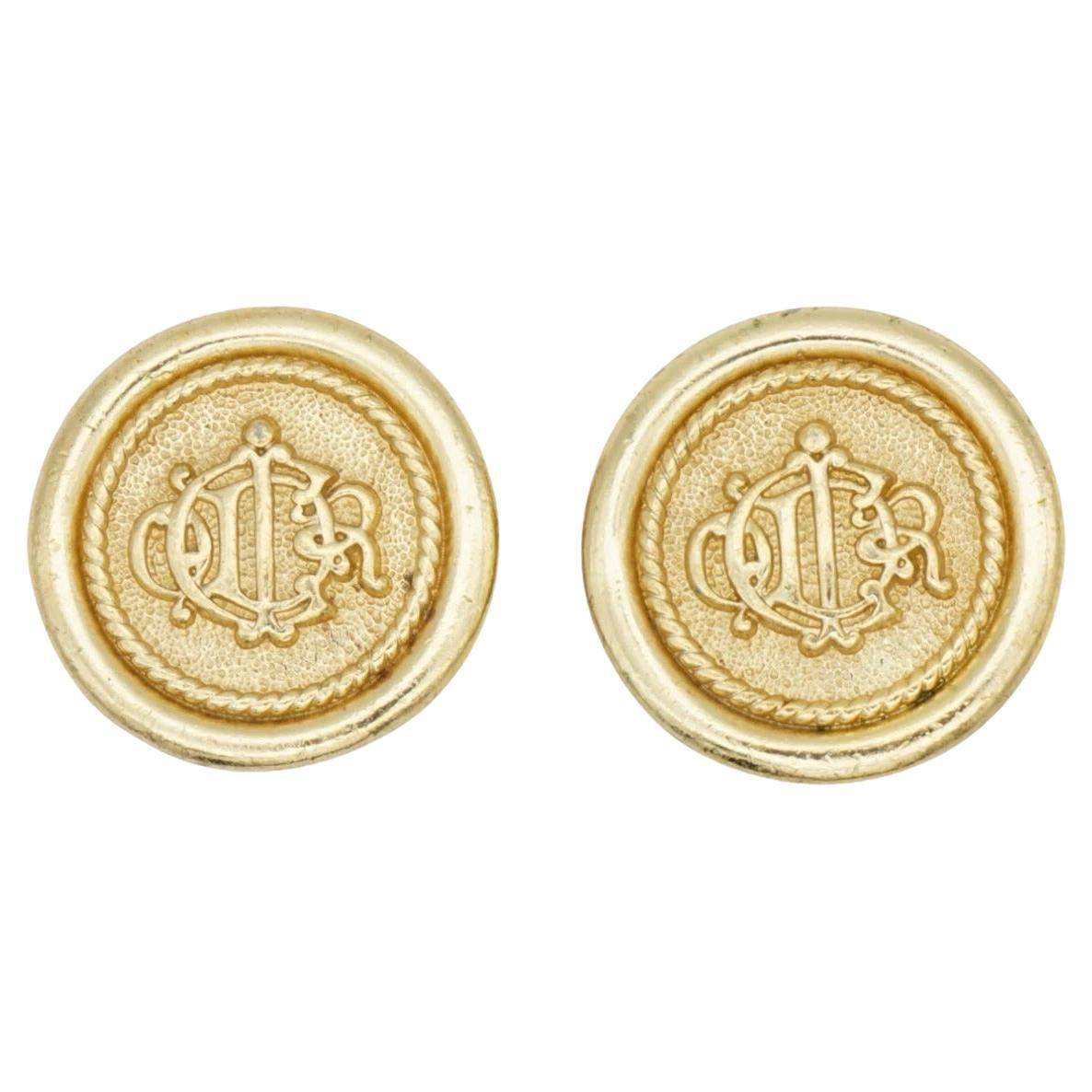Christian Dior Vintage 1980s Logo Insignia Initial Monogram Medallion Earrings