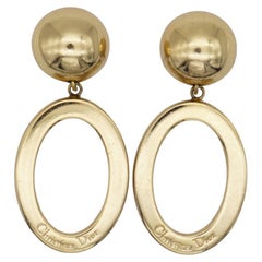 Christian Dior Vintage 1980s Logo Long Oval Hoop Statement Drop Clip Earrings