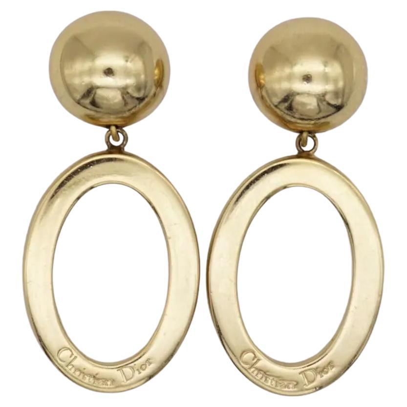 Christian Dior Vintage 1980s Logo Long Oval Hoop Statement Drop Clip Earrings For Sale