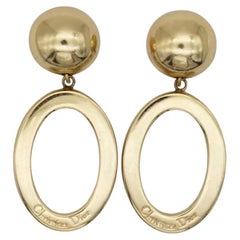 Christian Dior Vintage 1980s Logo Long Oval Hoop Statement Drop Clip Earrings