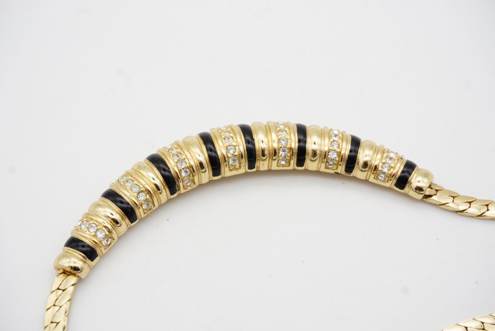 Christian Dior Vintage 1980s Long Bar Black Enamel Crystal Gold Pendant Necklace For Sale 5