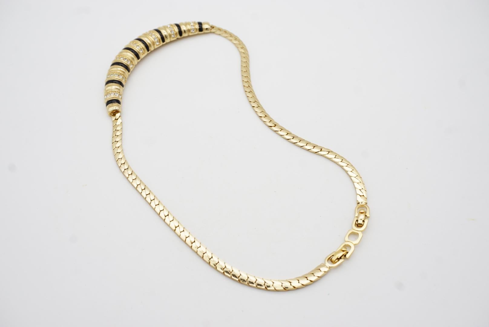 Christian Dior Vintage 1980s Long Bar Black Enamel Crystal Gold Pendant Necklace For Sale 7