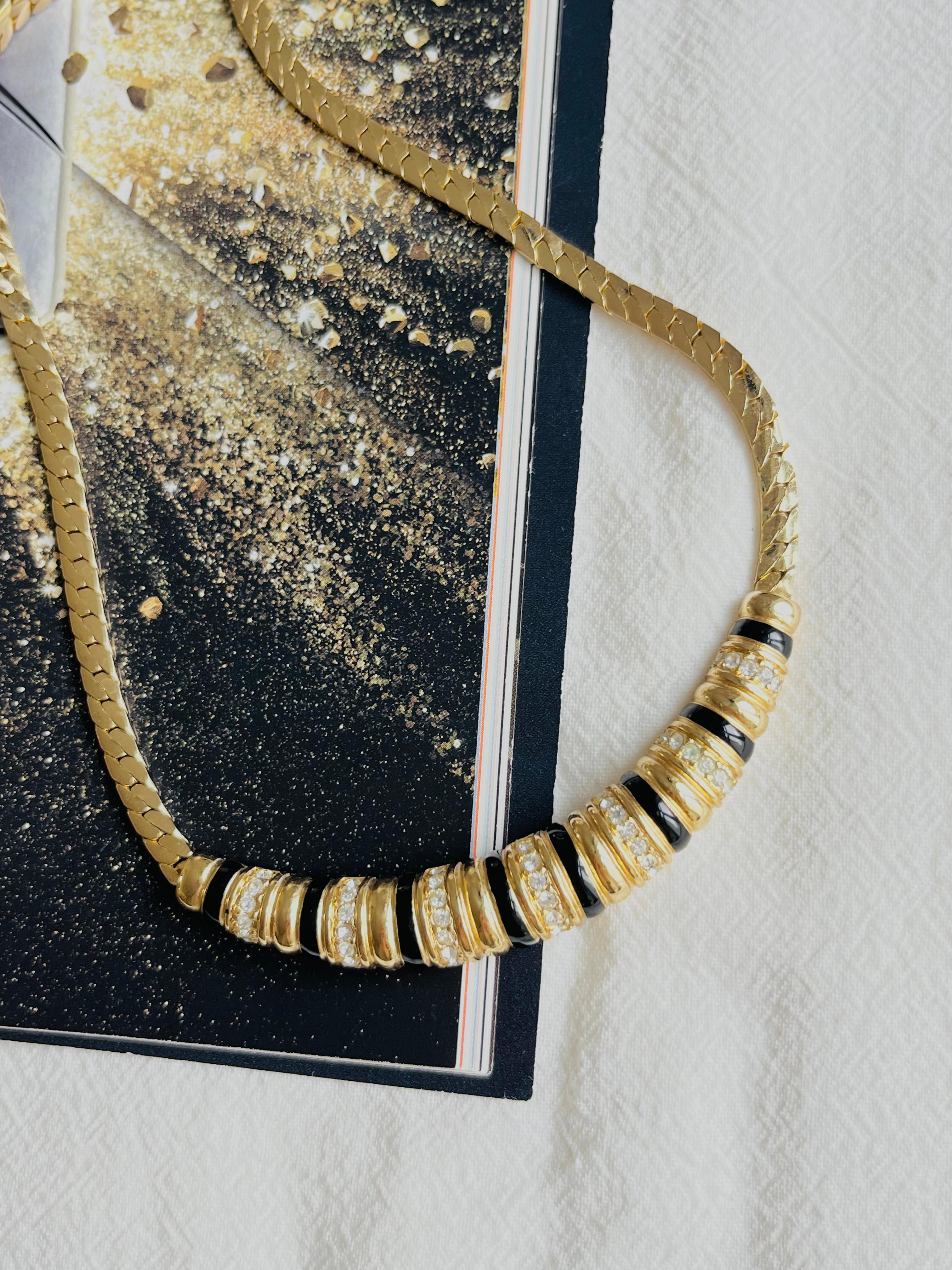 Art Deco Christian Dior Vintage 1980s Long Bar Black Enamel Crystal Gold Pendant Necklace For Sale