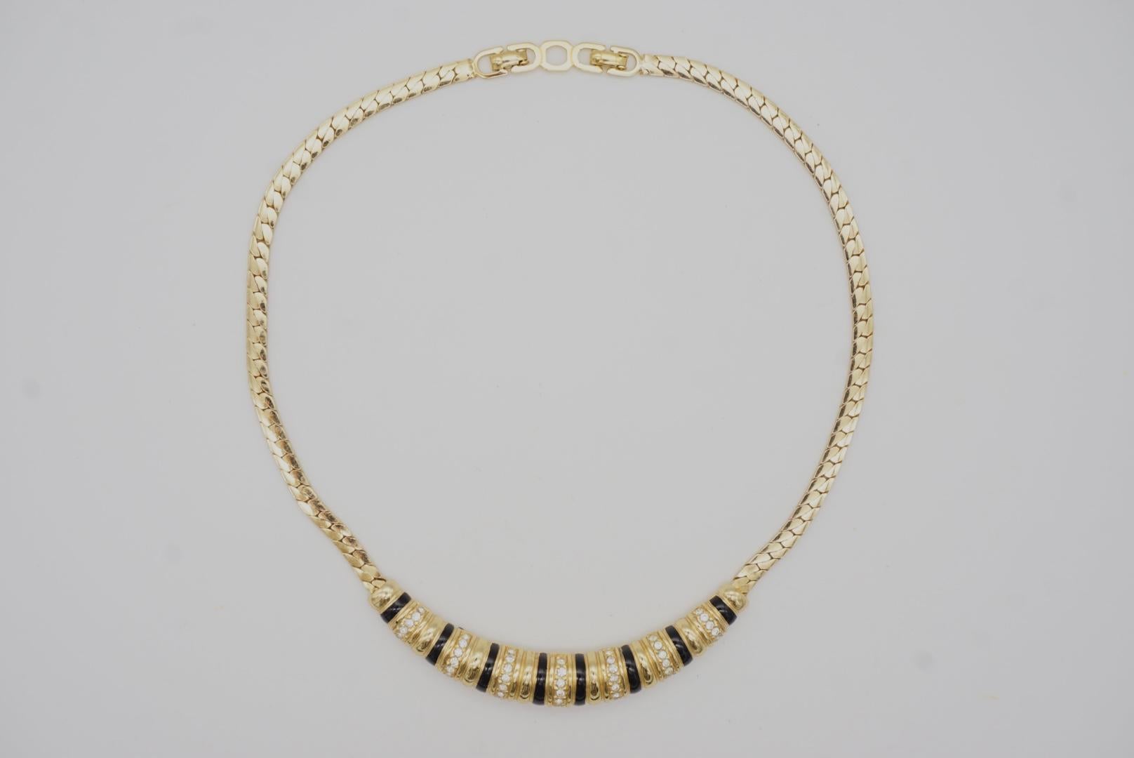Christian Dior Vintage 1980s Long Bar Black Enamel Crystal Gold Pendant Necklace For Sale 3