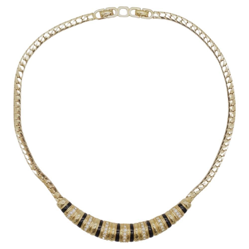 Christian Dior Vintage 1980s Long Bar Black Enamel Crystal Gold Pendant Necklace