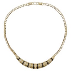 Christian Dior Vintage 1980s Long Bar Bar Necklace Black Enamel Crystal Gold Pendant Necklace
