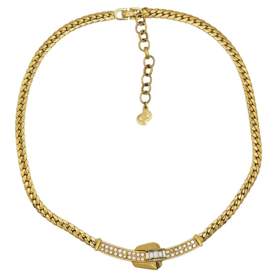 Christian Dior Vintage 1980s Long Bar Crystals Lock Twist Gold Pendant Necklace For Sale