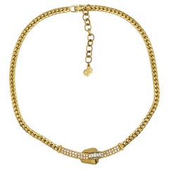 Christian Dior Used 1980s Long Bar Crystals Lock Twist Gold Pendant Necklace