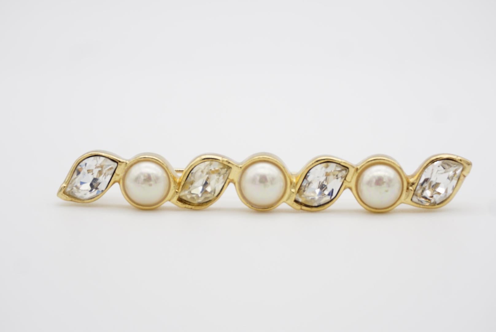 Christian Dior Vintage 1980s Long Bar Leaf Shining Crystals White Pearls Brooch For Sale 5
