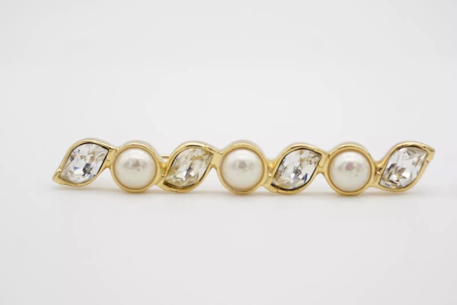 Christian Dior Vintage 1980s Long Bar Leaf Shining Crystals White Pearls Brooch For Sale 6