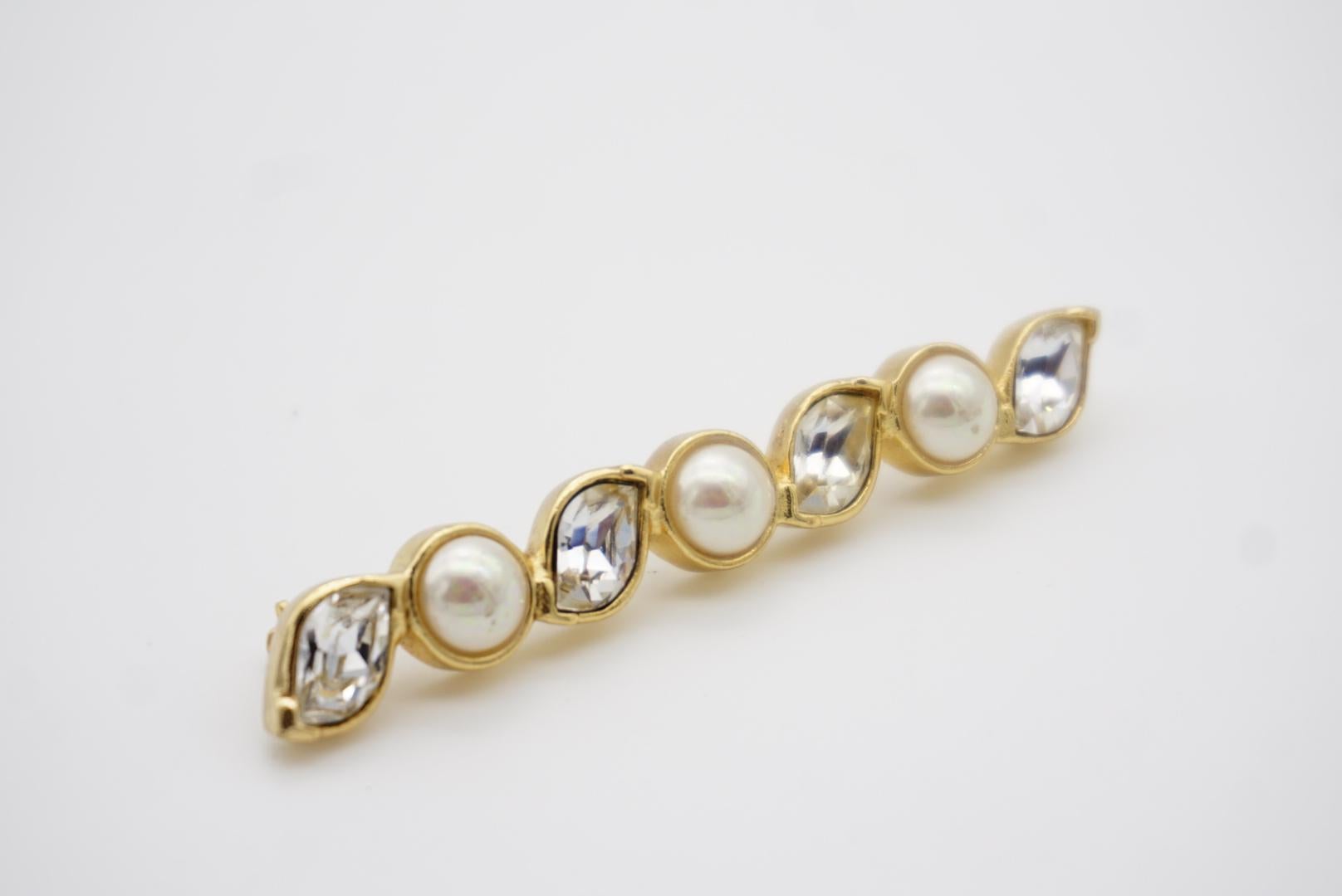 Christian Dior Vintage 1980s Long Bar Leaf Shining Crystals White Pearls Brooch For Sale 7