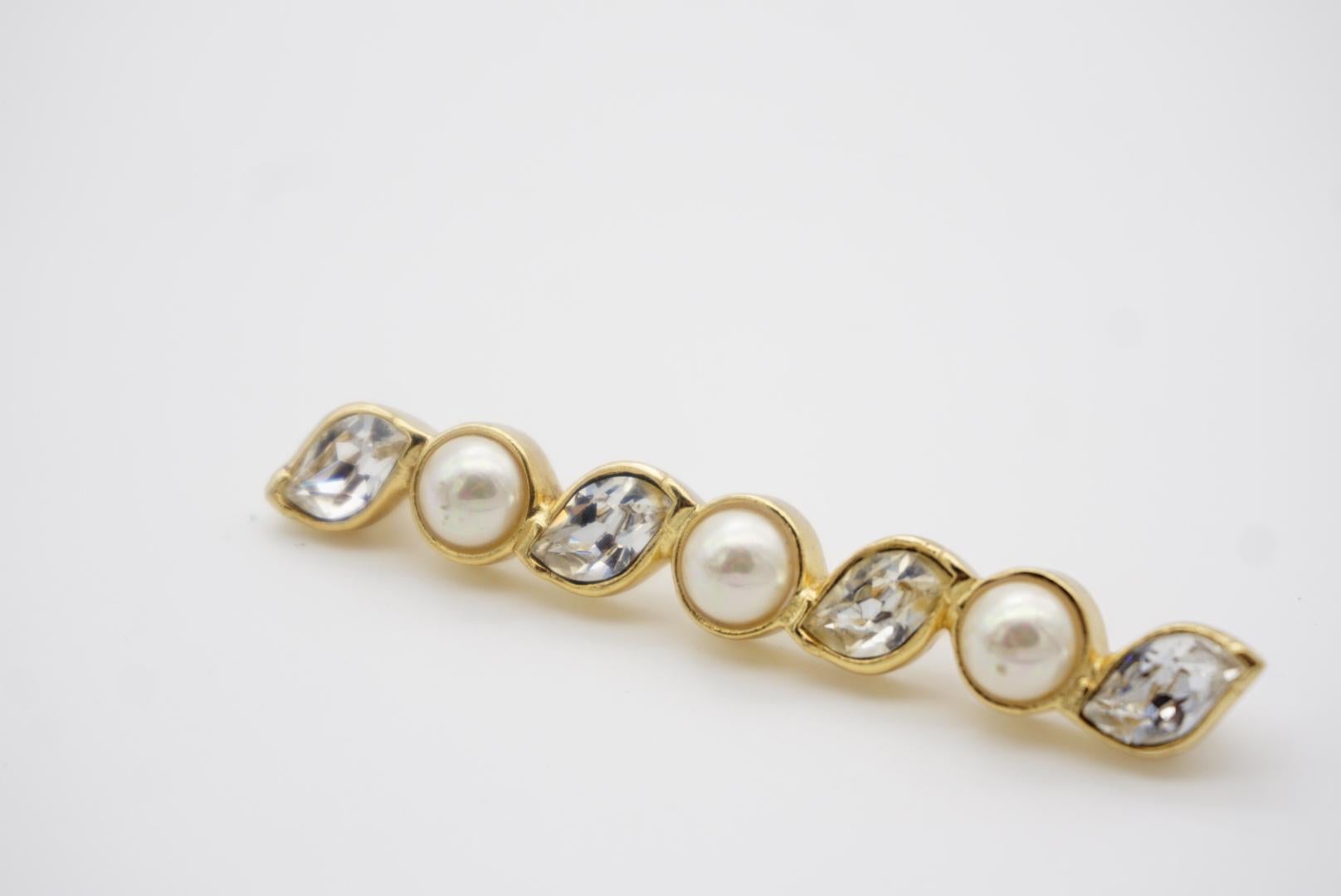 Christian Dior Vintage 1980s Long Bar Leaf Shining Crystals White Pearls Brooch For Sale 7