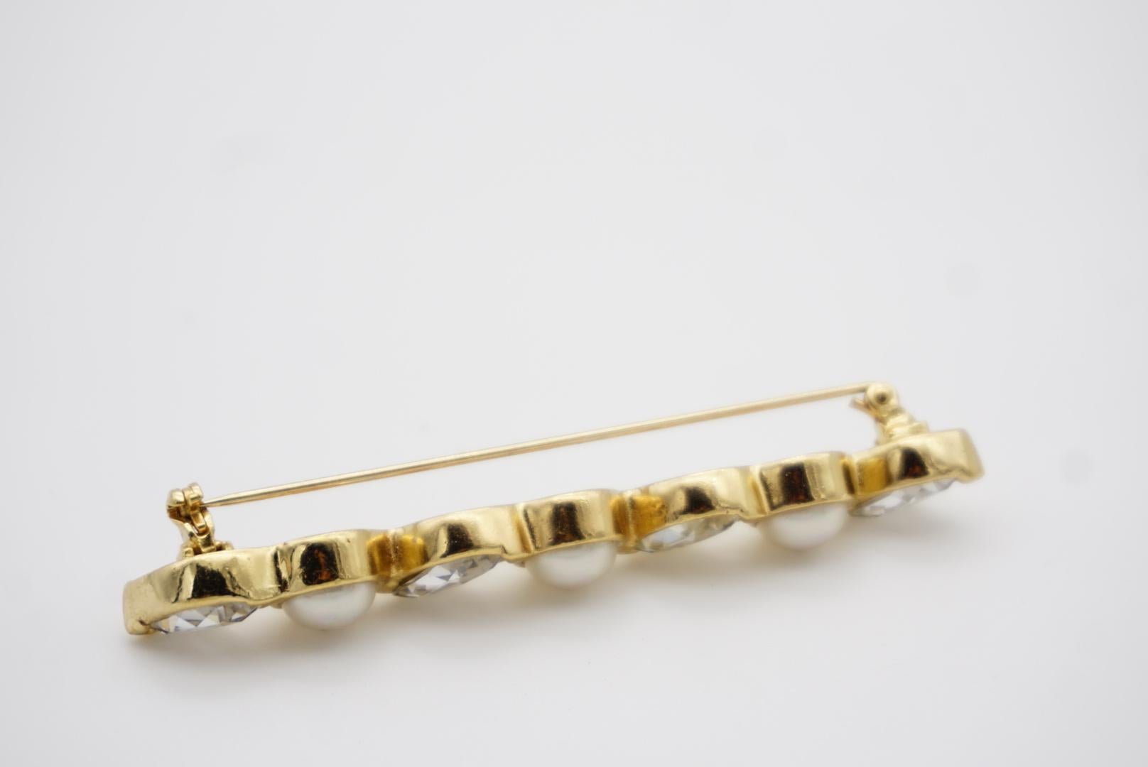 Christian Dior Vintage 1980s Long Bar Leaf Shining Crystals White Pearls Brooch For Sale 9