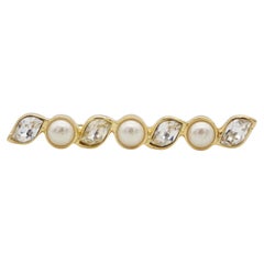 Christian Dior Vintage 1980s Long Bar Leaf Shining Crystals White Pearls Brooch