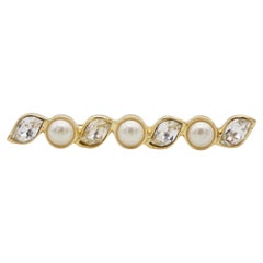 Christian Dior Vintage 1980s Long Bar Leaf Shining Crystals White Pearls Brooch
