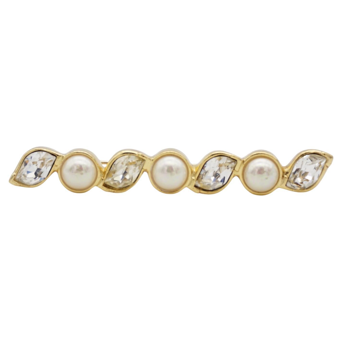 Christian Dior Vintage 1980s Long Bar Leaf Shining Crystals White Pearls Brooch For Sale