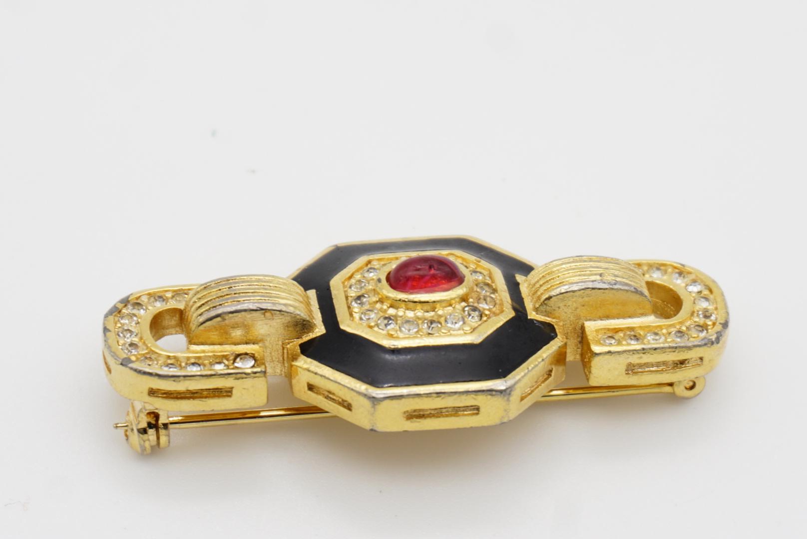 Christian Dior Vintage 1980s Long Ruby Red Gripoix Black Crystals Octagon Brooch For Sale 5