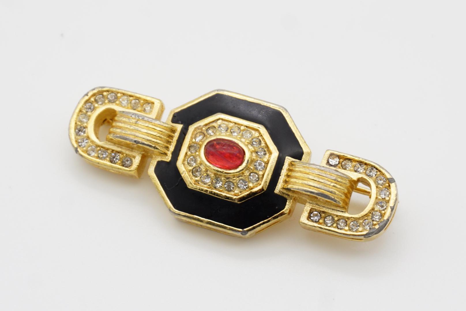 Christian Dior Vintage 1980s Long Ruby Red Gripoix Black Crystals Octagon Brooch For Sale 6