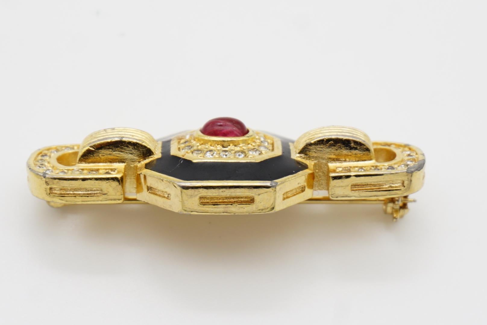 Christian Dior Vintage 1980s Long Ruby Red Gripoix Black Crystals Octagon Brooch For Sale 7