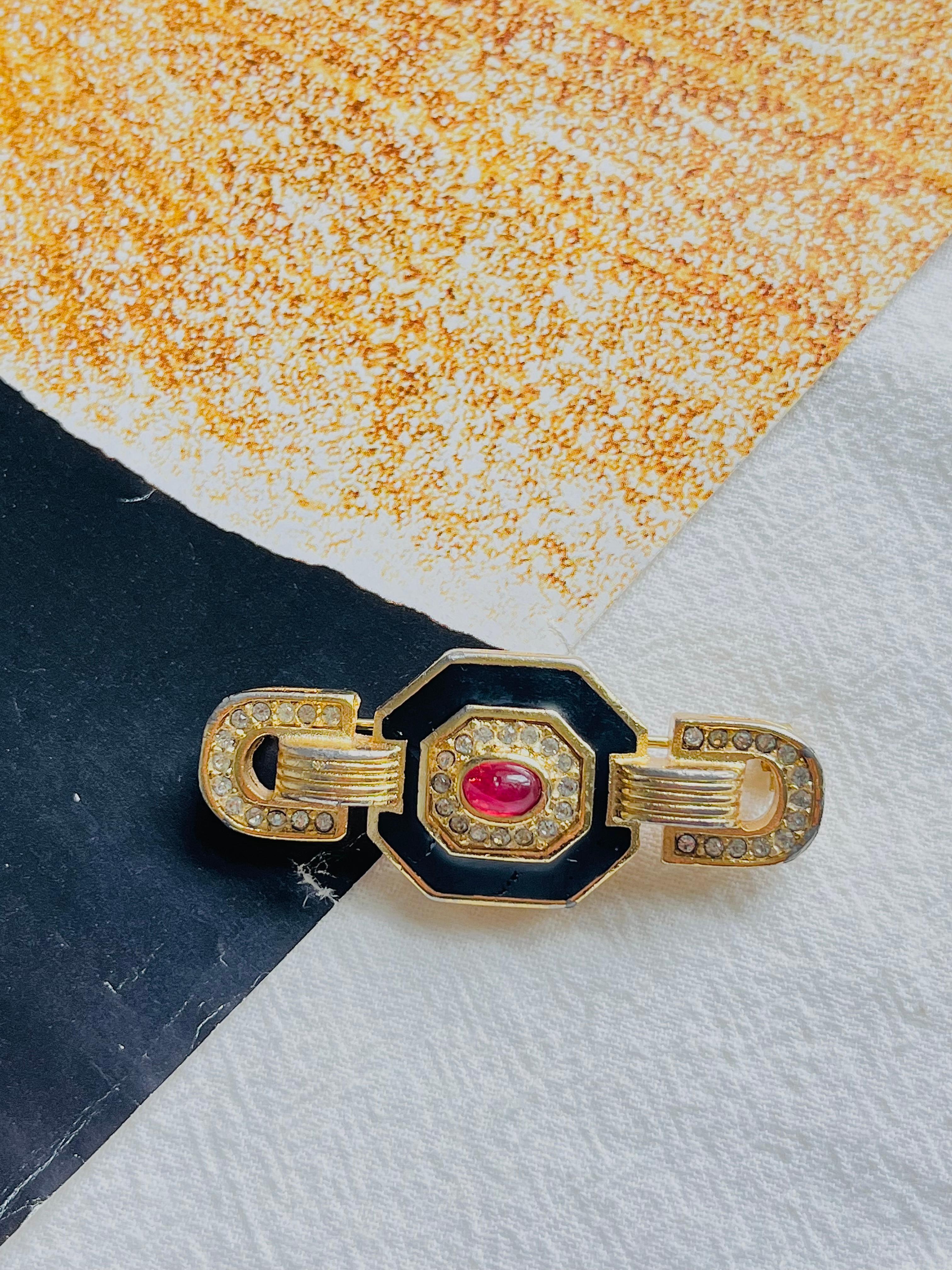 Christian Dior Vintage 1980s Long Ruby Red Gripoix Black Crystals Octagon Brooch In Good Condition For Sale In Wokingham, England