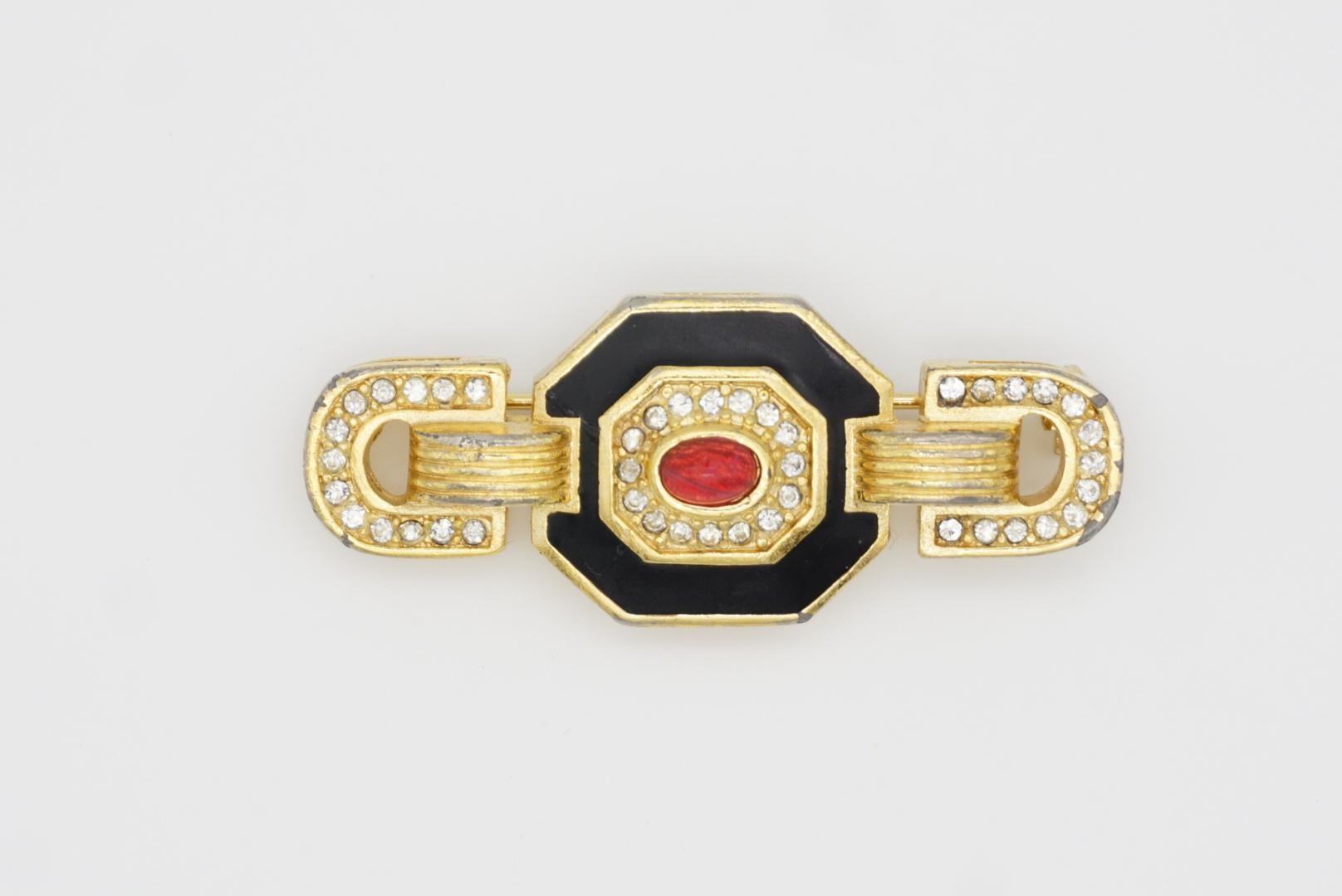 Christian Dior Vintage 1980s Long Ruby Red Gripoix Black Crystals Octagon Brooch For Sale 3