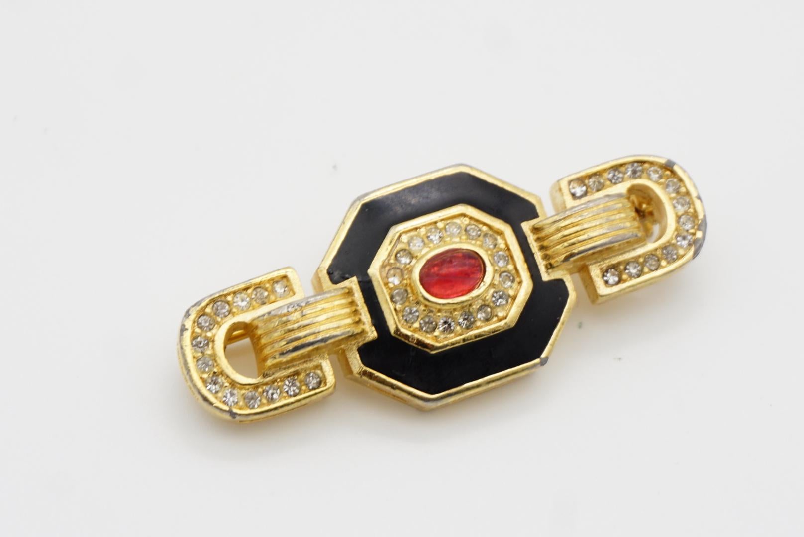 Christian Dior Vintage 1980s Long Ruby Red Gripoix Black Crystals Octagon Brooch For Sale 4