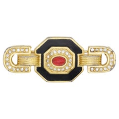Christian Dior Vintage 1980s Long Ruby Red Gripoix Black Crystals Octagon Brooch