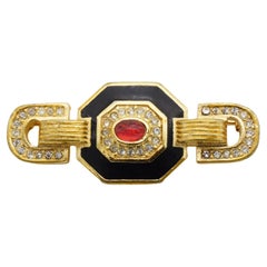Christian Dior Vintage 1980s Long Ruby Red Gripoix Black Crystals Octagon Brooch