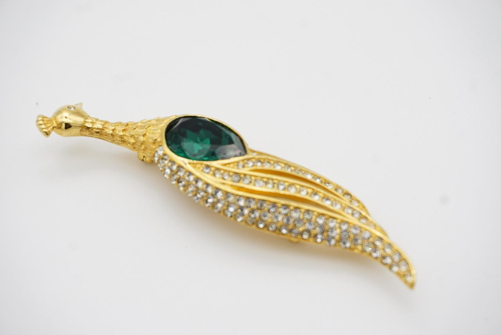 Christian Dior Vintage 1980s Long Vivid Peacock Emerald Crystal Openwork Brooch For Sale 6