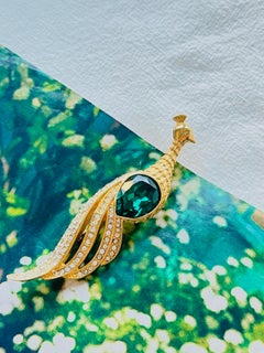Christian Dior Vintage 1980s Long Vivid Peacock Emerald Crystal Openwork Brooch
