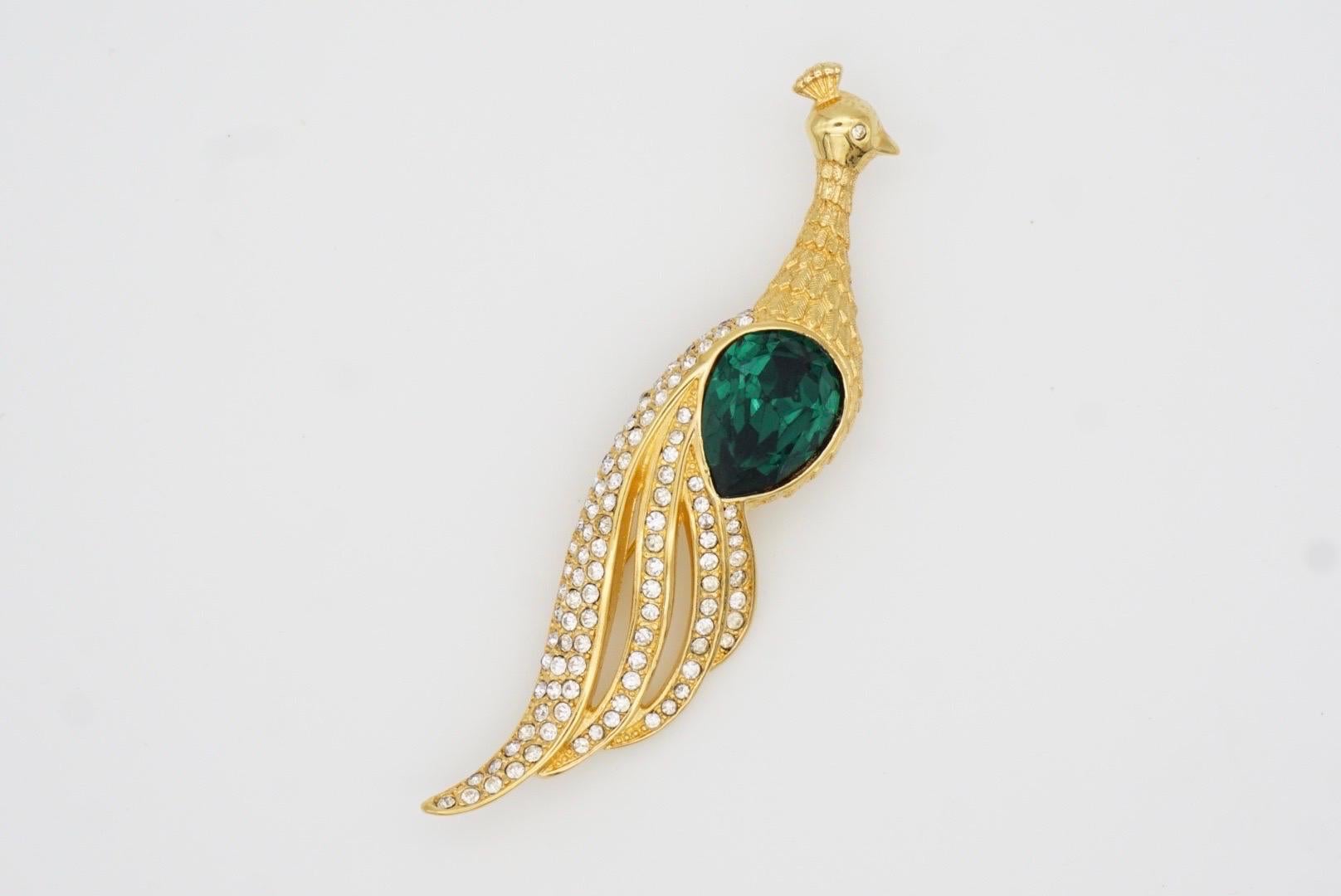 Christian Dior Vintage 1980s Long Vivid Peacock Emerald Crystal Openwork Brooch For Sale 4