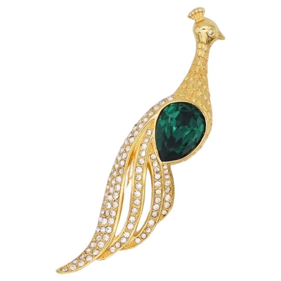 Christian Dior Vintage 1980s Long Vivid Peacock Emerald Crystal Openwork Brooch For Sale