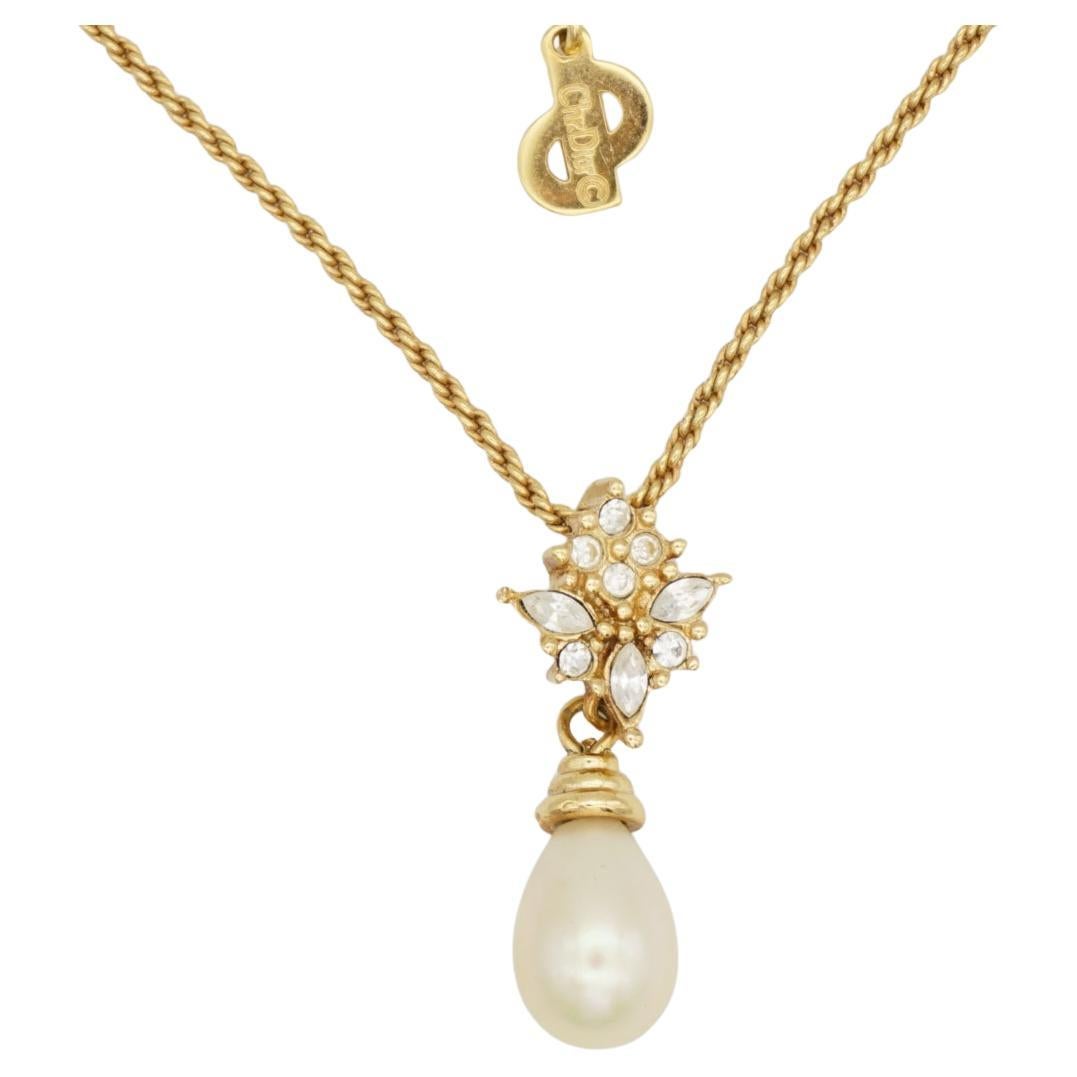 Christian Dior Vintage 1980s Marquise Crystals White Pearl Water Drop Necklace