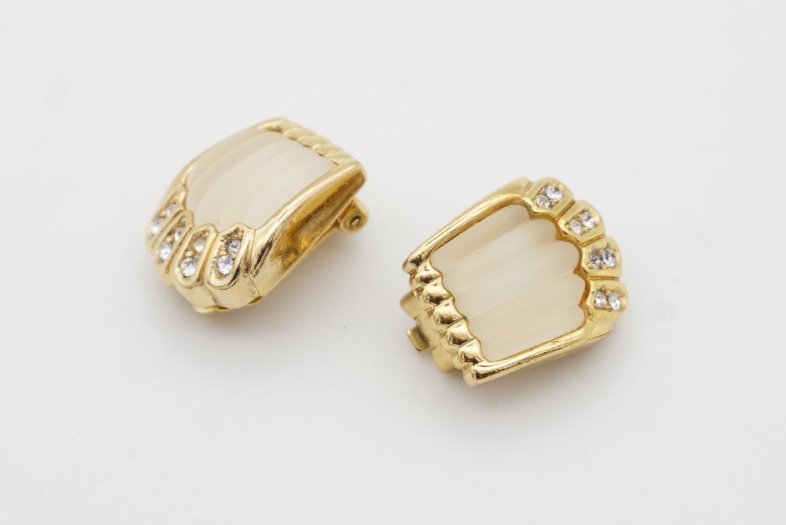 Art Deco Christian Dior Vintage 1980s White Jelly Belly Shell Crystals Clip On Earrings For Sale