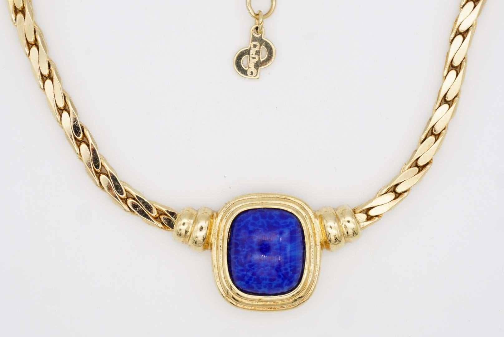 Christian Dior Vintage 1980er Jahre Marineblaue Vintage Goldhalskette mit rechteckigem Lapislazuli-Cabochon-Anhänger 3
