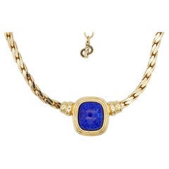 Christian Dior Vintage 1980s Navy Lapis Cabochon Rectangle Pendant Gold Necklace