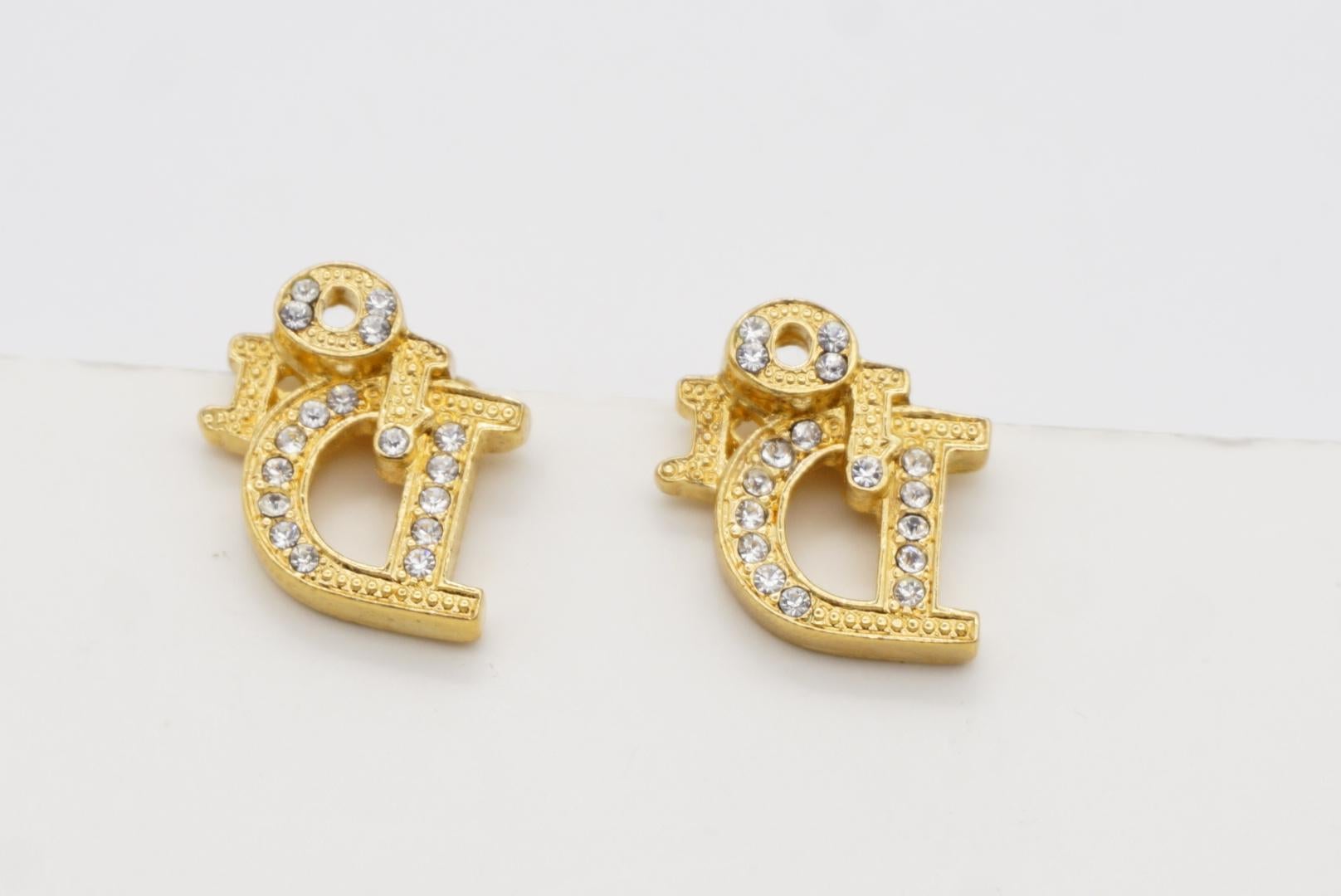 Christian Dior Vintage 1980s Oblique Monogram Logo Crystals Gold Clip Earrings 5