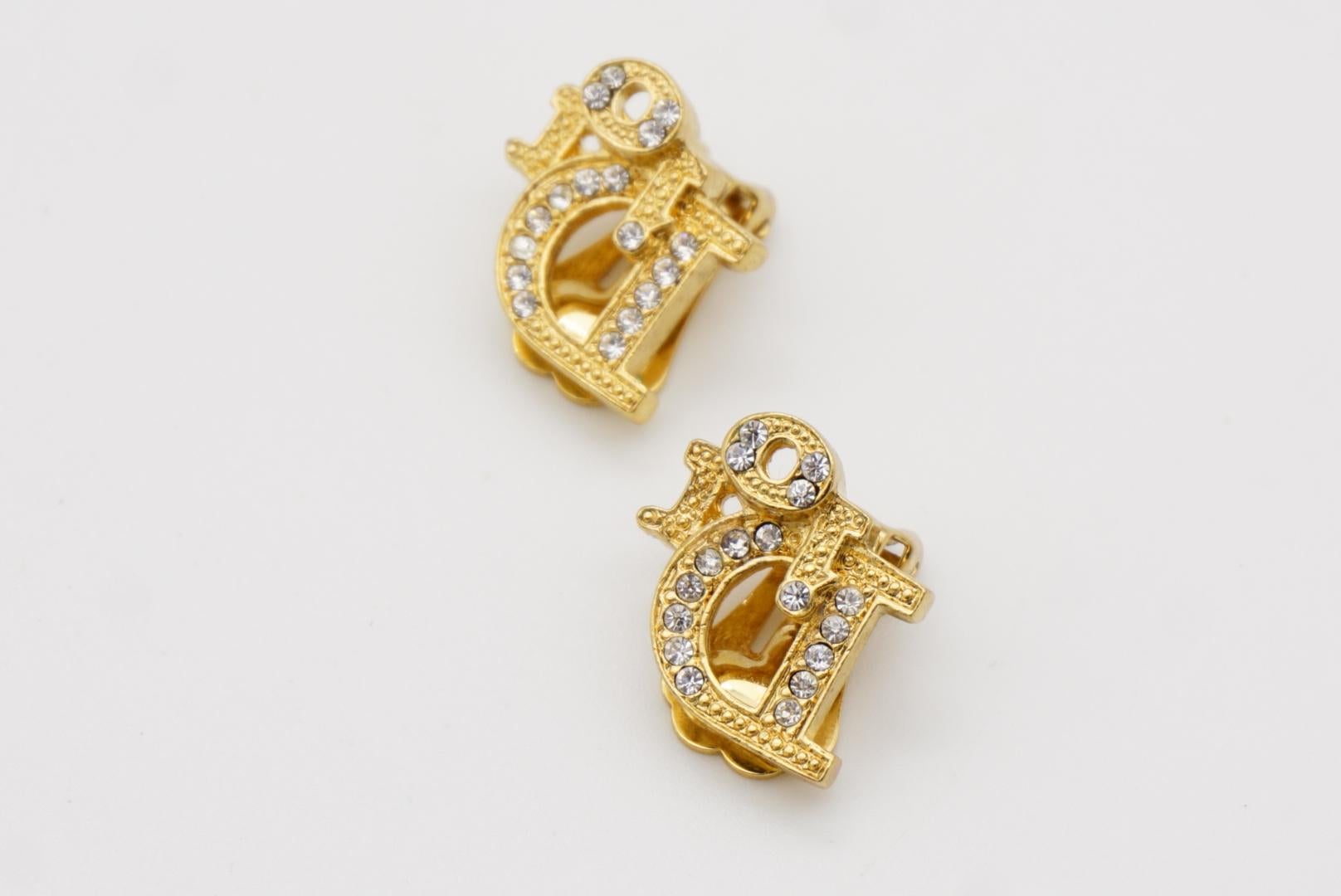 Christian Dior Vintage 1980s Oblique Monogram Logo Crystals Gold Clip Earrings 6
