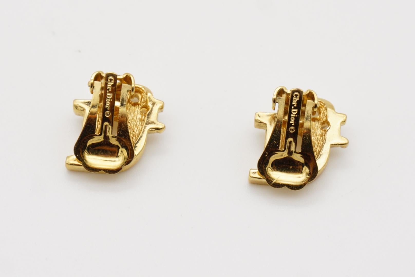 Christian Dior Vintage 1980s Oblique Monogram Logo Crystals Gold Clip Earrings 7