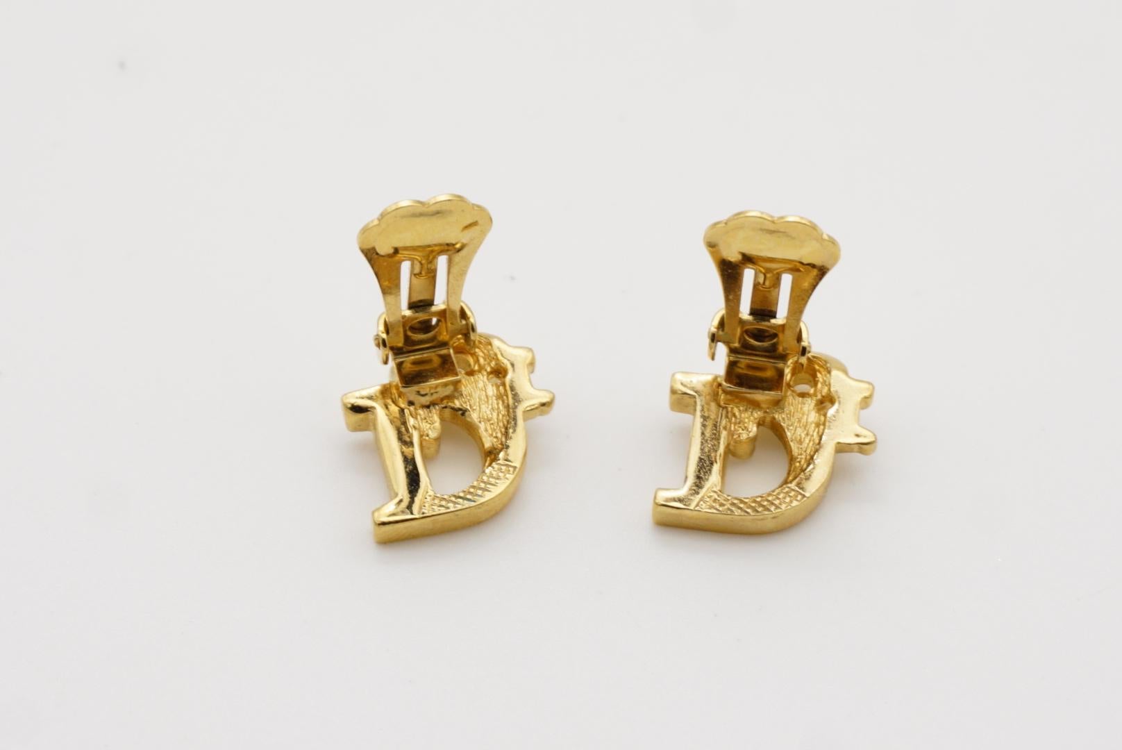 Christian Dior Vintage 1980s Oblique Monogram Logo Crystals Gold Clip Earrings 8