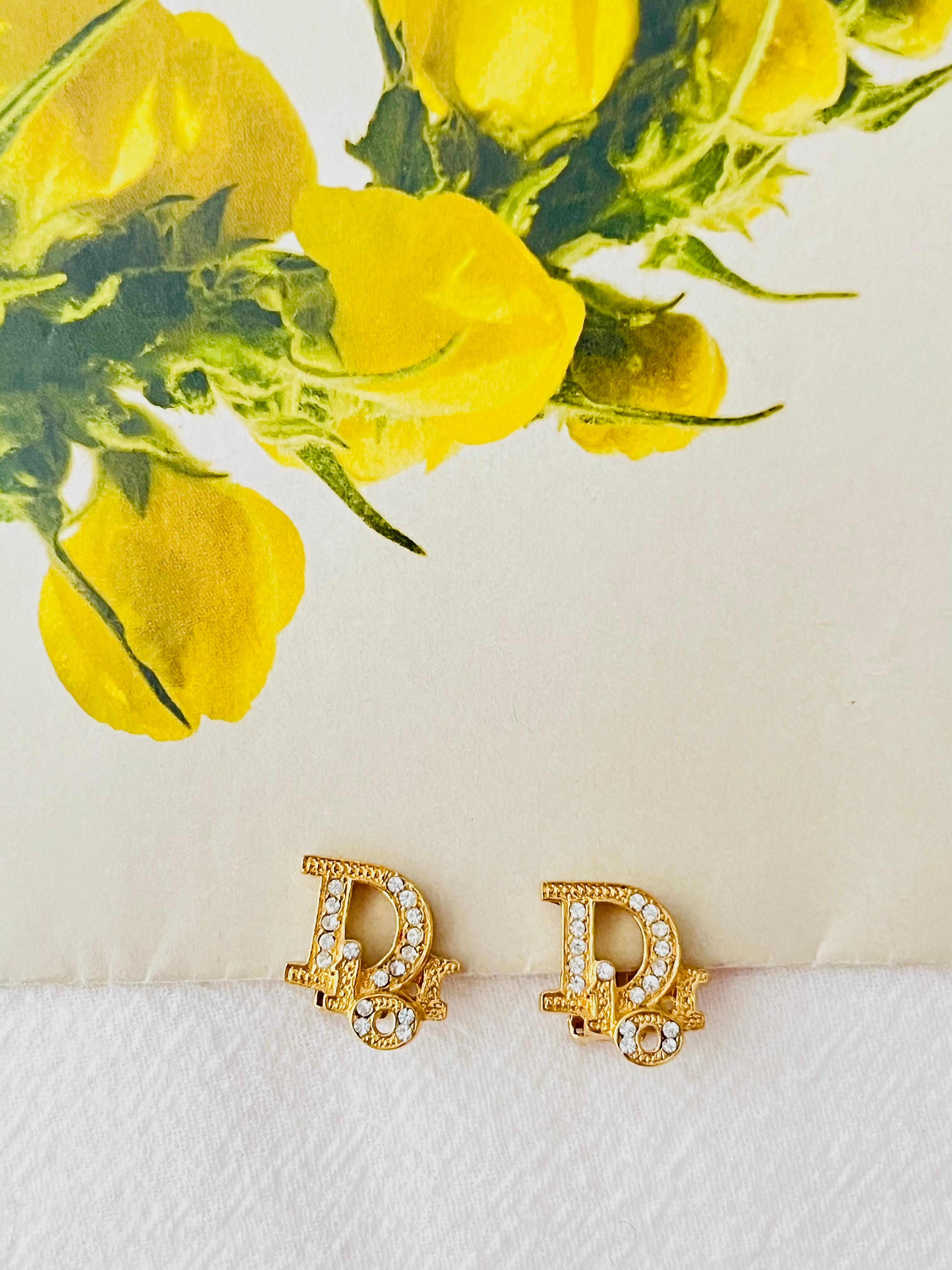 Art Deco Christian Dior Vintage 1980s Oblique Monogram Logo Crystals Gold Clip Earrings
