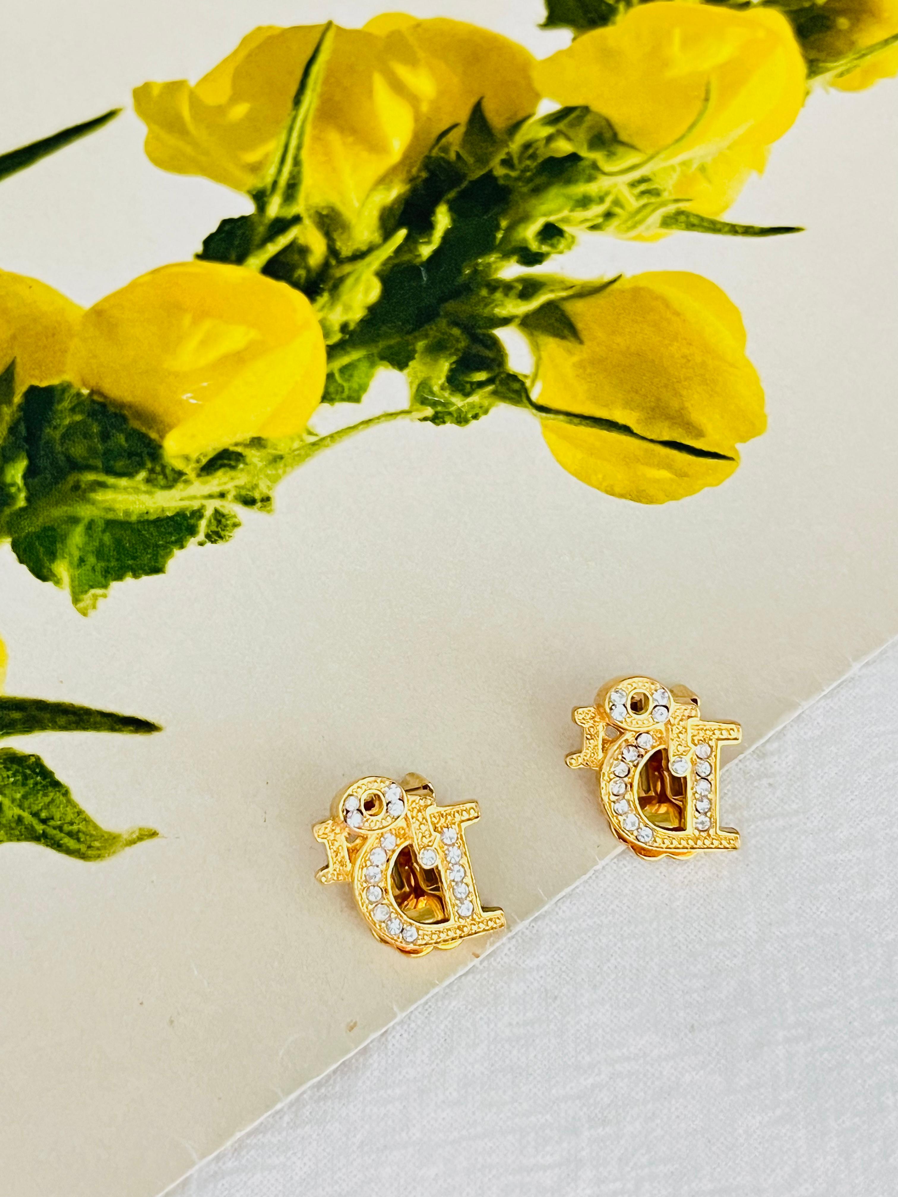 Christian Dior Vintage 1980s Oblique Monogram Logo Crystals Gold Clip Earrings For Sale at 1stDibs