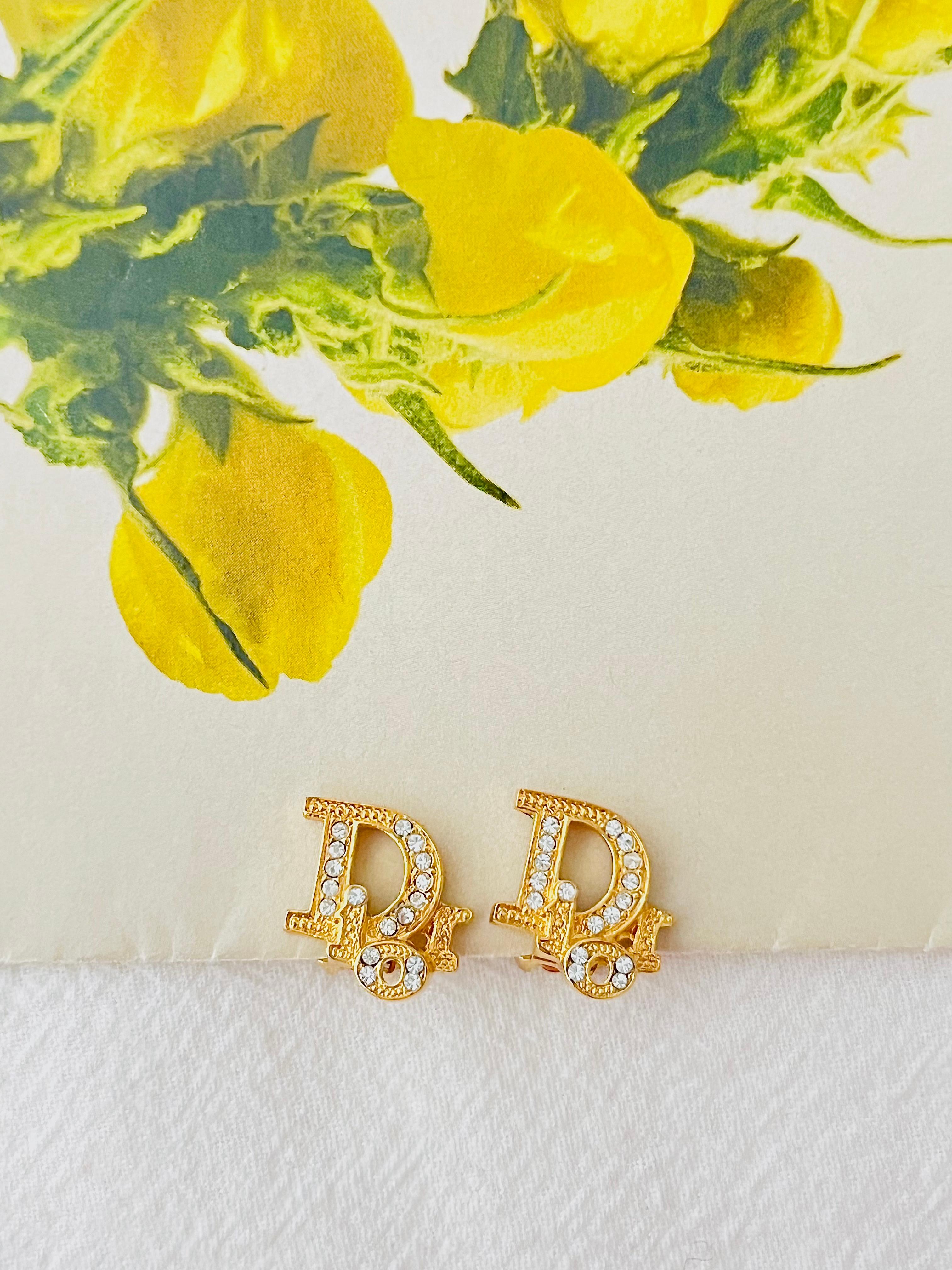 Christian Dior Vintage 1980s Oblique Monogram Logo Crystals Gold Clip Earrings In Excellent Condition In Wokingham, England