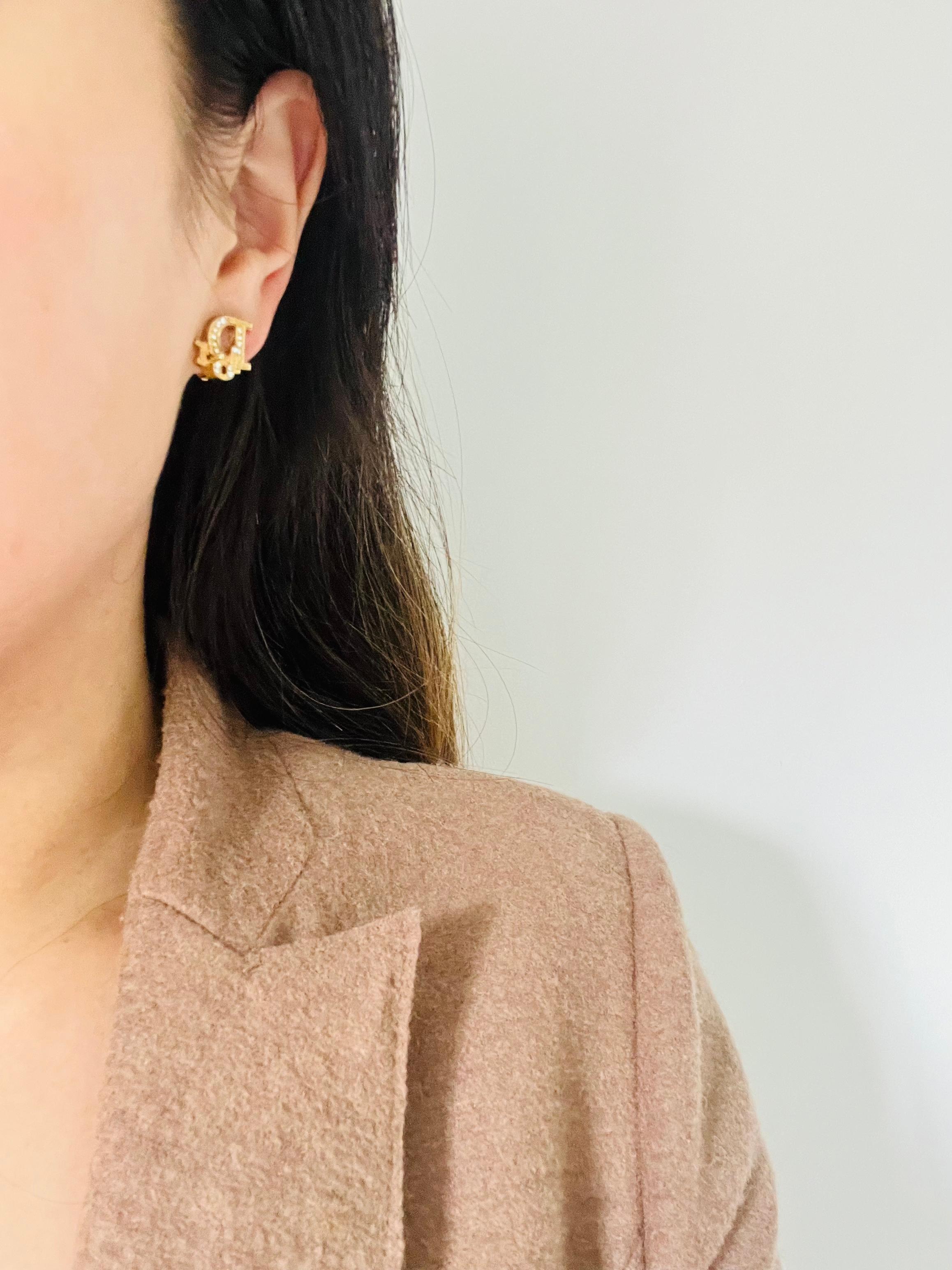 Christian Dior Vintage 1980s Oblique Monogram Logo Crystals Gold Clip Earrings 1