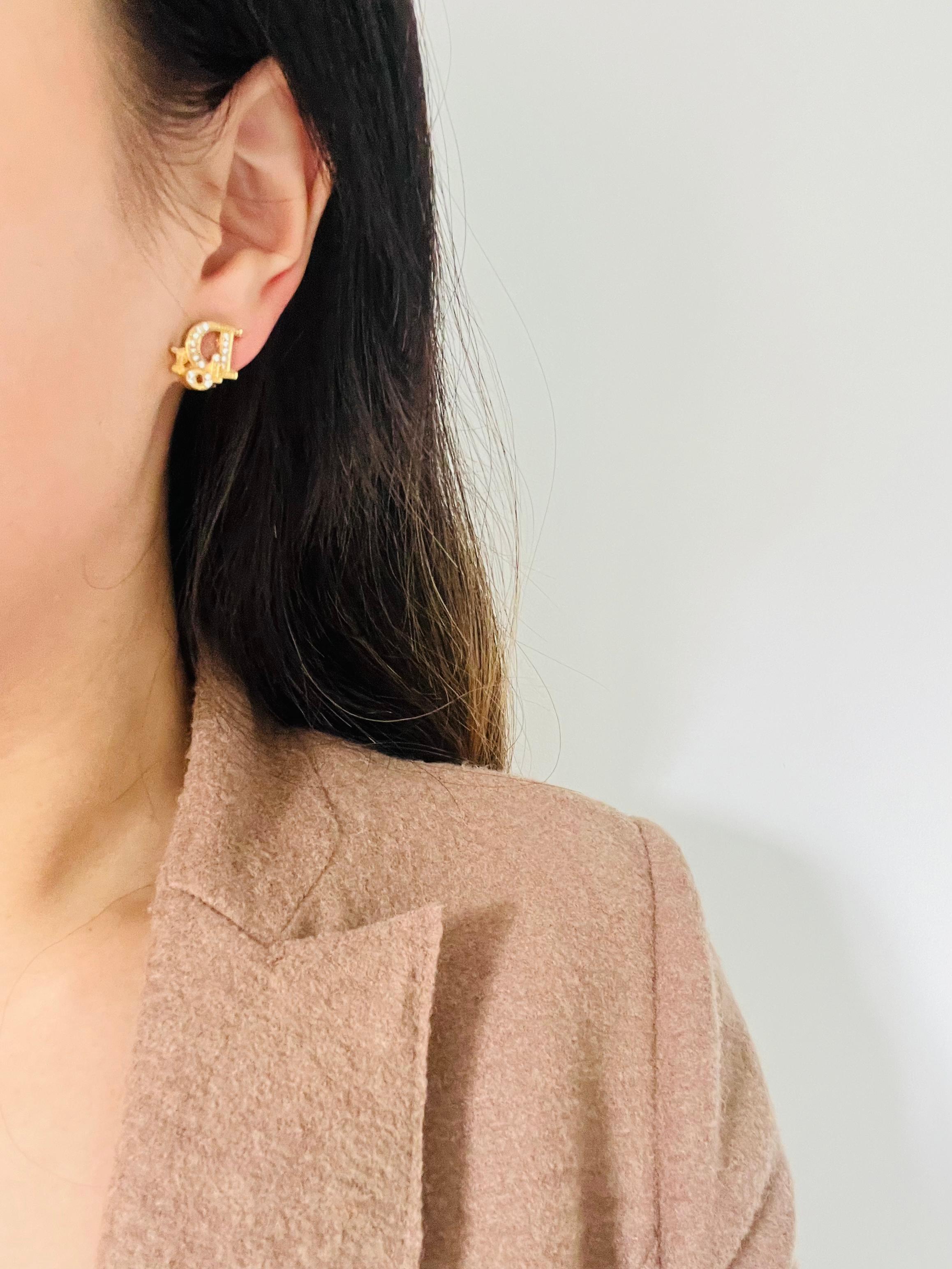 Christian Dior Vintage 1980s Oblique Monogram Logo Crystals Gold Clip Earrings 2